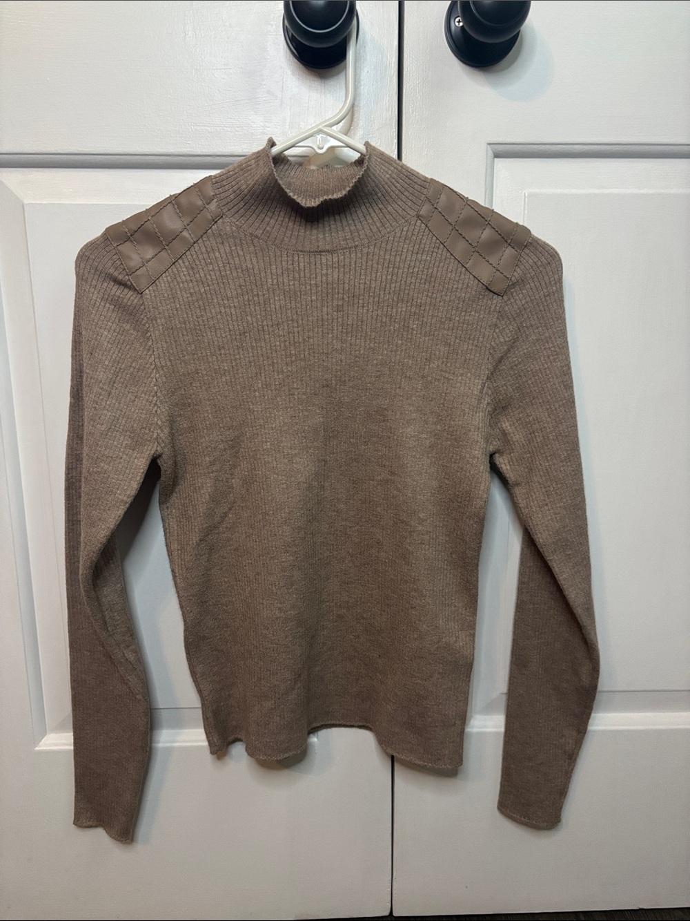 Heartloom Taupe Ribbed Mock Neck Sweater Quilted Shoulder Detail